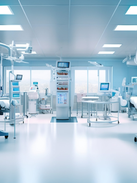 Interior of modern emergency room with empty nurses station, Generative AI